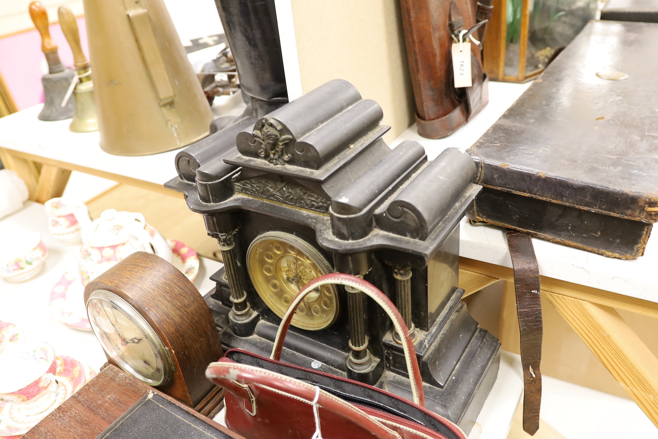 A Victorian slate mantel clock, together with a selection of various items including a set of Sheffield plated wares and coins